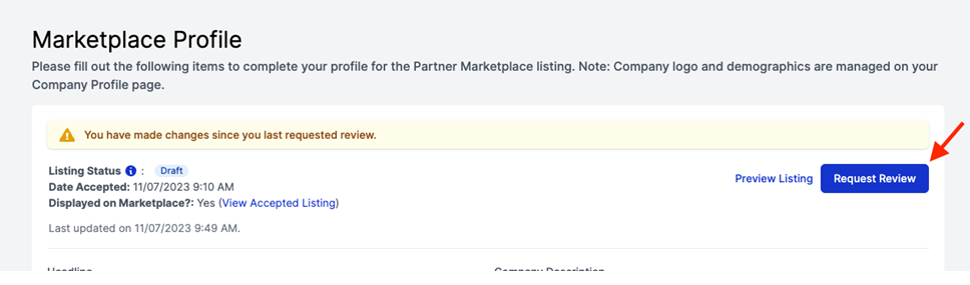 Click Request Review for a review of your company profile. 